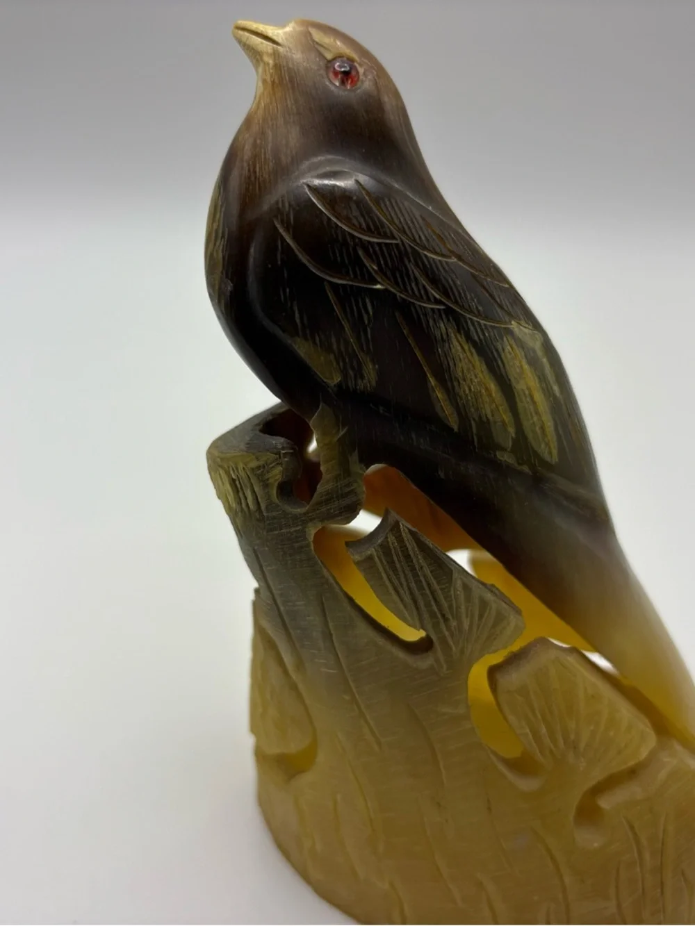 Vintage Hand-Carved Buffalo Horn Bird Figurine Mid Century Era Songbird Decor